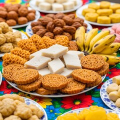 A colorful close-up of a Sri Lankan Avurudu table featuring kiribath, kokis, kevum, and bananas—bright daylight, festive spirit, and joyful family celebration tones.