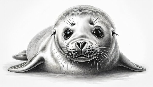 pencil sketch of a realistic harp seal pup on white background