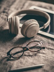 Digital Sanctuary: Headphones, a tablet, and eyeglasses rest on a textured surface, offering a glimpse into the quiet world of digital serenity.