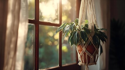 A potted leafy plant hanging in a macrame planter by a sunlit window. Concept Hanging plant, Macrame planter, Sunlit window, Indoor greenery, Botanical decor
