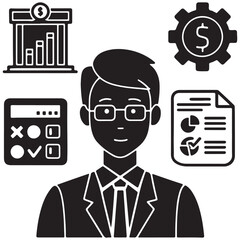 A black and white illustration of a professional figure surrounded by finance and accounting icons