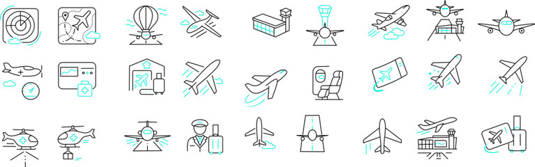 Aircraft and Airport Stroke Icon Collection - Airplane, Pilot, Travel, Flight, and Aviation Line Icons.