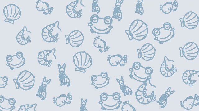Cute cartoon animals and sea creatures on a light blue background.