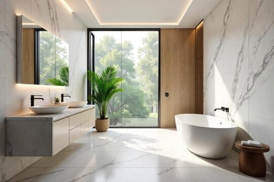 Luxury tiled bathroom with a freestanding tub, marble accents, and large format tiles Modern design features sleek fixtures and ample natural light , house, clean
