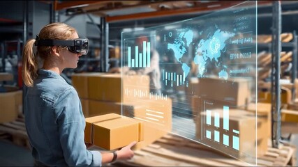 Young woman inspecting package with augmented reality interface in modern warehouse - Powered by Adobe