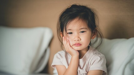 Portrait of a little Asian girl with a sad expression, holding her cheek and suffering from toothache pain at home