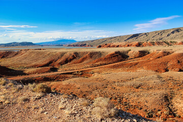 The John Blue Canyon Road through the Orange Red Cliffs above Bighorn Lake below the Bighorn Mountains in Wyoming.