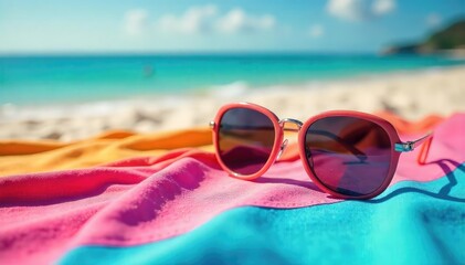 Stylish sunglasses resting on a vibrant summer beach towel, ready for sunny adventures Perfect for travel, vacation, and summer holiday promotions , rays, accessories, cool