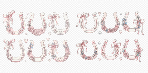 Collection of delicate pink and white horseshoe designs adorned with bows, flowers, pearls, and hearts, perfect for romantic or lucky themes. © studio