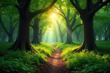 Obraz premium Sun-dappled forest path winding through ancient trees, lush green undergrowth, dappled sunlight filtering through leaves Perfect for nature, travel, and environmental themes , foliage, trees, magical