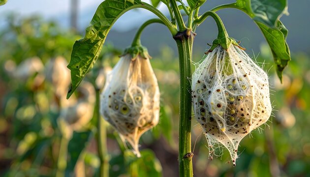 Two pepper plants, with visible webbing enveloping the developing peppers, on a stem. Shallow focus and green background