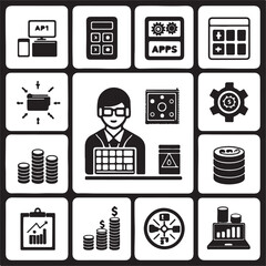 Illustration of business and technology icons representing various concepts isolated on white background