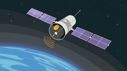 Fototapeta premium Satellite transmitting signals over blue Earth in dark space