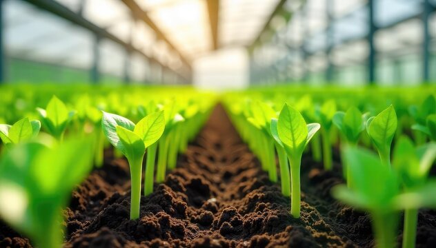 Vibrant green seedlings thrive in a modern greenhouse, bathed in sunlight Rows of healthy plants showcase successful cultivation and growth , planting, horticulture, greenhouse