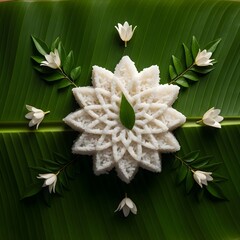 Sri Lankan Kiribath Banana Leaf Coconut Flower Artistic Food Photography
