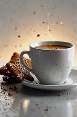 Hot coffee cup with decorative cookies on a reflective surface and warm glowing background
