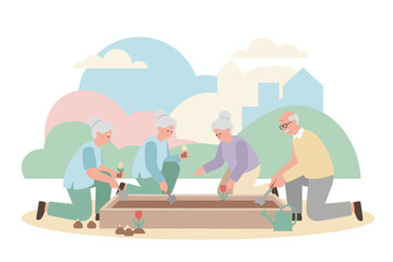 Seniors happily planting flowers in a raised garden bed enjoying a healthy active hobby outdoors
