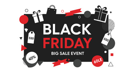 Black Friday Big Sale Event banner design with geometric shapes gift box and price tags