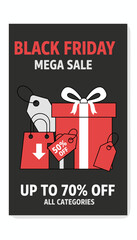 Black Friday Mega Sale graphic with gift box shopping bags and price tags for retail promotions