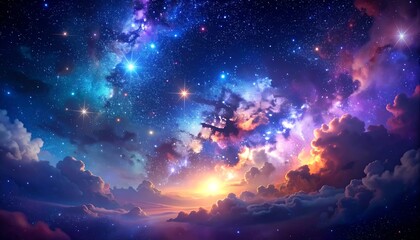 Colorful cosmic vista showcasing a vibrant nebula, stars, and ethereal clouds