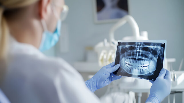 A healthcare professional reviews a patient's dental x-ray image on a tablet. Focused on oral health and dental care, the image shows the diagnostic process in a clinic.