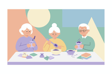 Elderly people making aromatic sachets enjoying a relaxing crafting hobby together