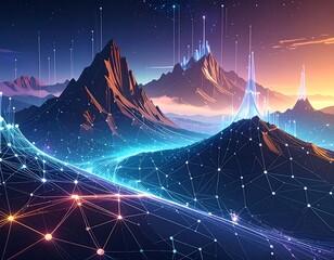 Digital network illustration with mountains, glowing lines, and night sky