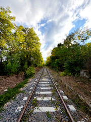 An old stretch of railway, framed by lush trees and a partly cloudy sky. Sunlight filters through the leaves, creating a calm and contemplative atmosphere.