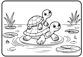 Cute Turtle Family Line Art Illustration – Cartoon Pond Animal Vector for Kids Coloring Book