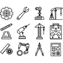 Illustration of engineering and construction icons representing tools and equipment isolated on white background