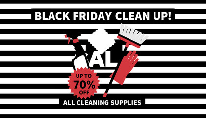 Black Friday Clean Up sale graphic with cleaning supplies offering up to 70 off