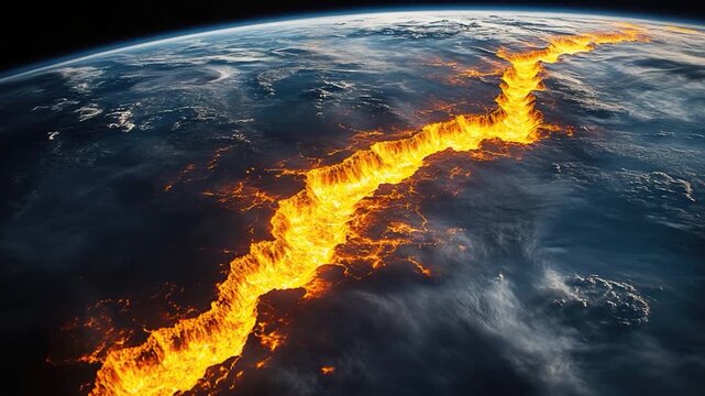 A view of the Earth from space with a line of fire across the equator