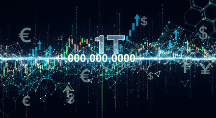 Financial growth chart with currency symbols and data points on a dark background showing one trillion