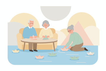 Senior friends enjoy making and floating paper boats together fostering creativity and companionship