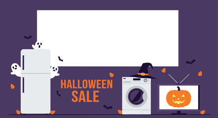 Spooky Halloween sale event featuring home appliances ghosts witch hat pumpkin and autumn leaves with copy space