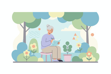 Senior woman journaling in a peaceful garden Retirement mindfulness creative hobby and nature