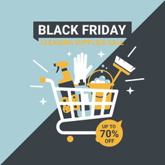 Black Friday cleaning supplies sale Shopping cart with cleaning tools up to 70 off discount
