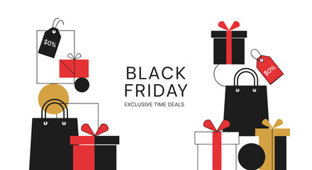 Black Friday exclusive deals banner with shopping bags gift boxes and price tags