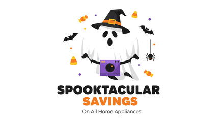 Spooktacular Halloween savings on home appliances featuring a cute ghost character with festive spooky elements