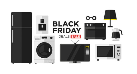 Black Friday Deals and Sale banner featuring major household electronics and kitchen appliances illustration