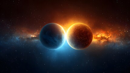 Obraz premium Two celestial bodies glow with contrasting light in a vast nebula.