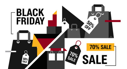 Black Friday sale banner with geometric shopping bags discount tags and bold text
