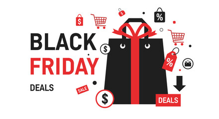 Black Friday Deals vector graphic Ecommerce shopping event with discounts sale icons and gift bags