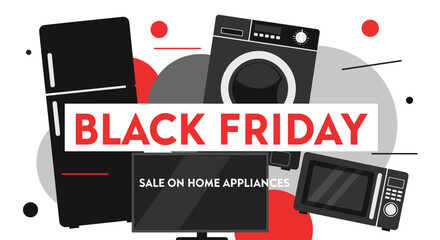 Black Friday sale on household appliances banner with modern electronics and abstract graphic design