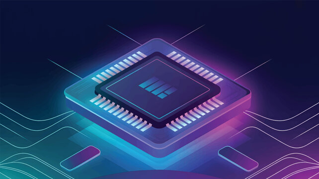 Isometric digital processor chip with glowing blue and purple circuits