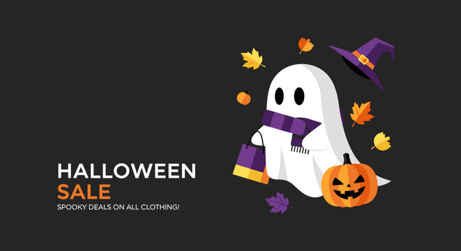 Cute ghost with shopping bag jackolantern and witch hat advertises a Halloween sale for spooky deals