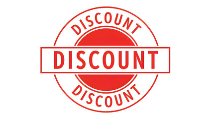 Red and white circular discount stamp with the word discount repeated isolated on white background