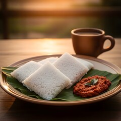 A serene close-up of Sri Lankan kiribath with spicy lunu miris and a clay cup of tea under warm sunrise light, rustic wooden background, and cinematic soft tones.