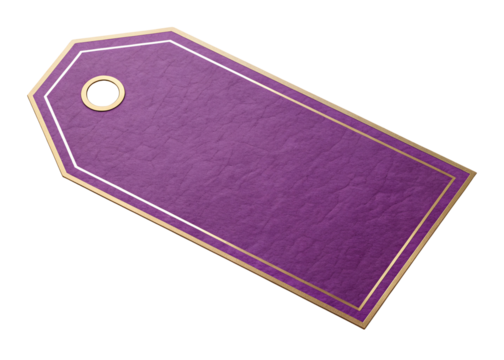 Blank purple price tag with golden shiny frame isolated on white or transparent background