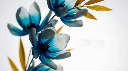 Dreamy blue anemone flowers with golden leaves create a soft, romantic springtime vibe, perfect for elegant designs or adding a touch of nature's beauty